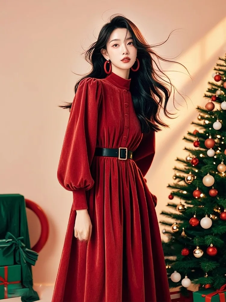 

Winter New Sle Red Lantern Sve Slimming Waist Dr Women's Faion Commute Korean Sle Long Sve round Ne Dr
