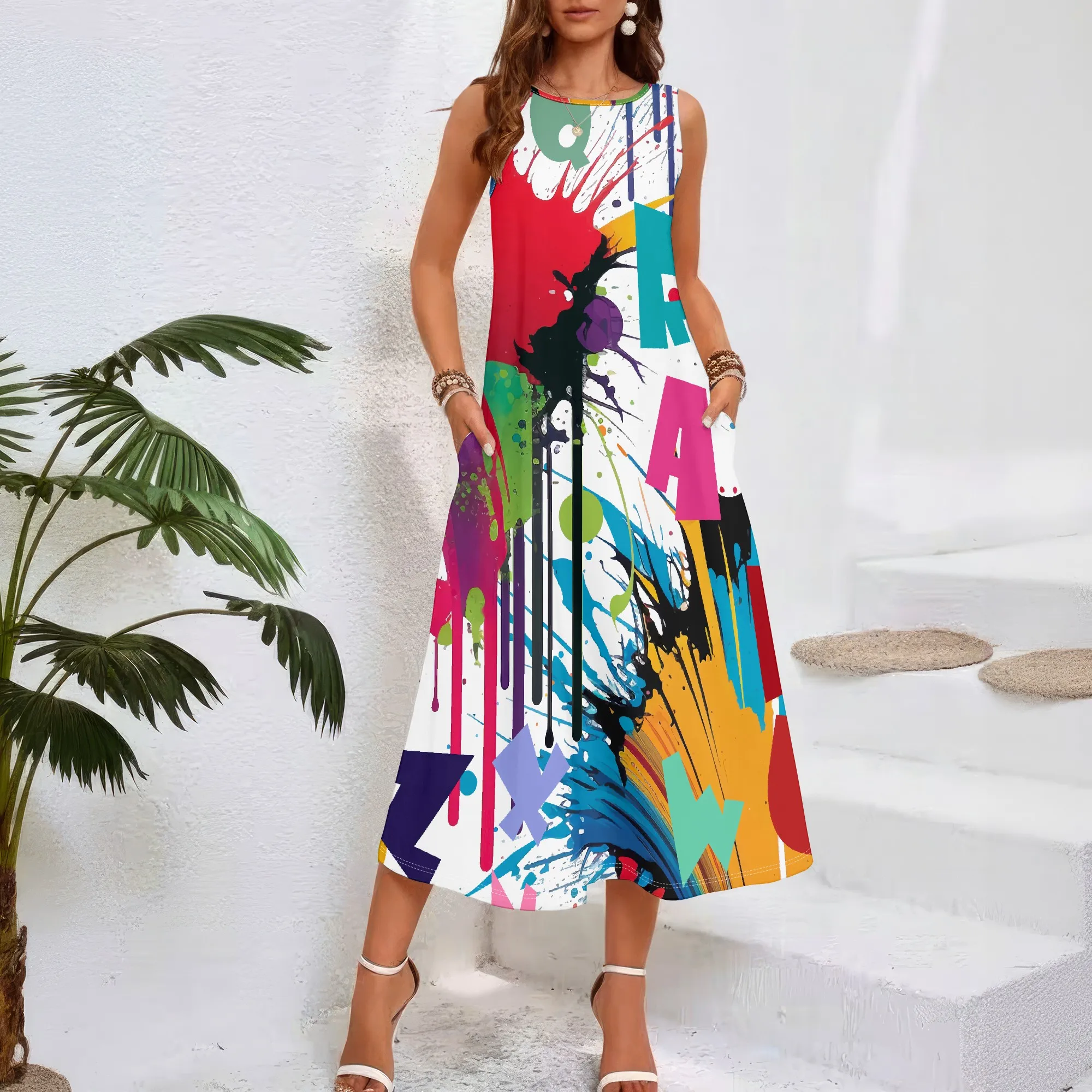 

Women casual loose round neck summer 3D geometric print black style sleeveless large swing dress (pocket)