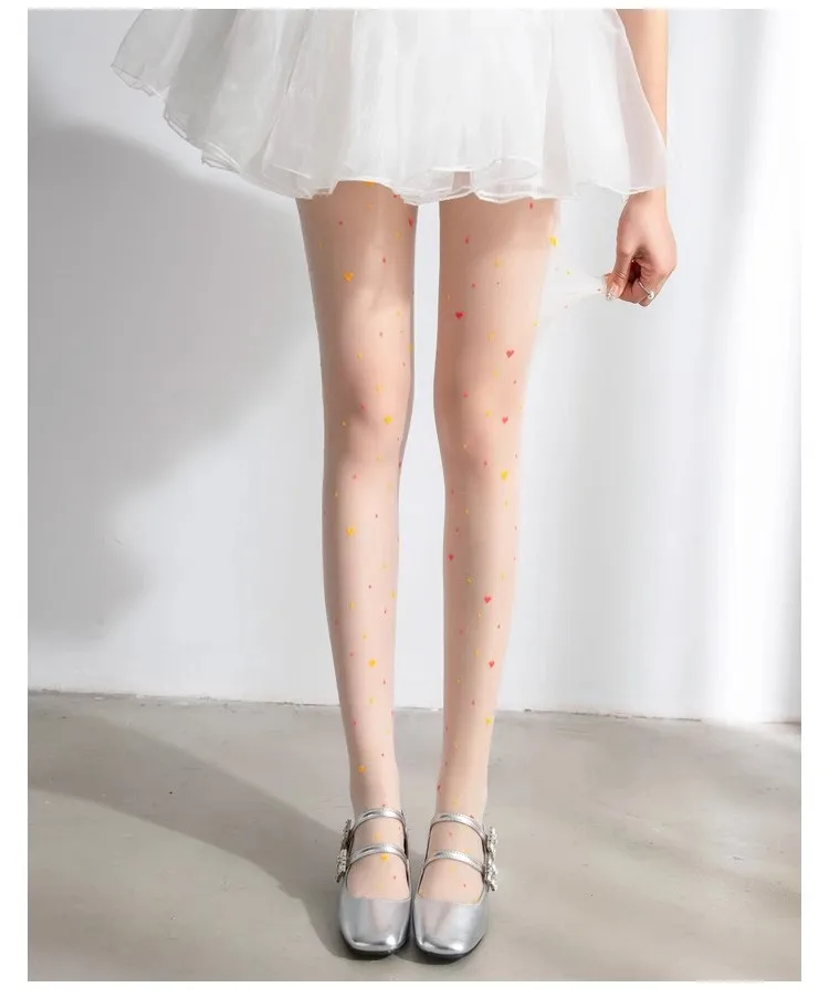 Frauen Ultra Dünne Strumpfhosen Sexy Strumpfhosen JK Strümpfe Bunte Süße Liebe Herz Polka Dots Drucken Transparent Beige Schwarz Leggings – Detail 29