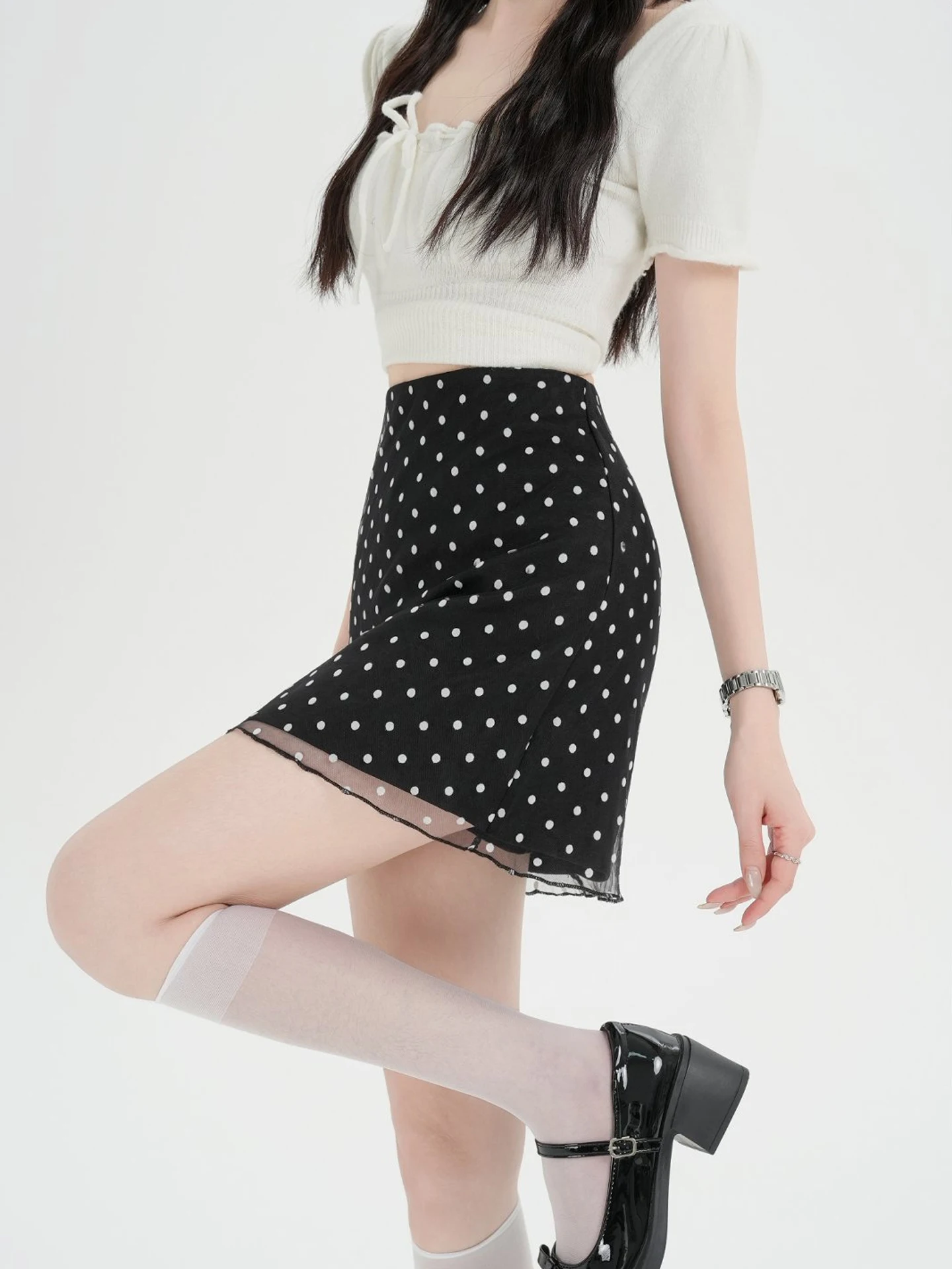 

Ретро-юбка в горошек для женщин, весна 2026, новая модель, с высокой талией, А-силуэт, короткая, приятная к телу, дышащая, в корейском стиле