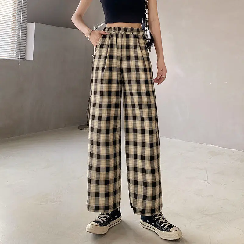 

Preppy Style Casual Pants Women Summer Basics Loose High Waist Korean Plaid Pocket Elastic Waist Wide Leg Pants