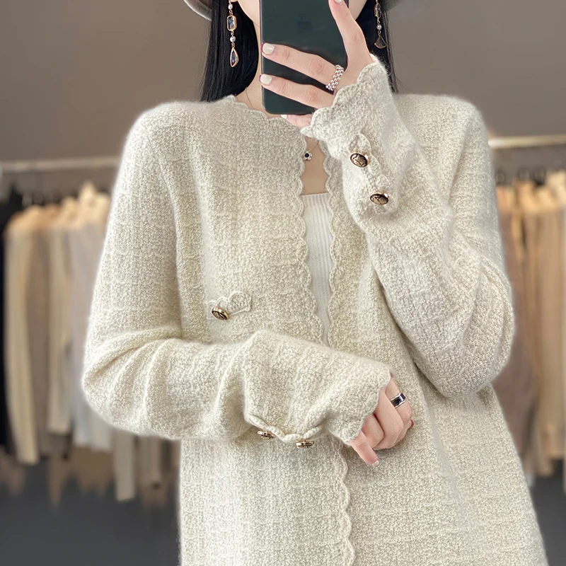 100% Pure Wool Cardigan Round Neck Sweater Women\'s 2024 Spring/Autumn New Knit Cashmere Jacket Korean Luxury Loose Sweater Coat