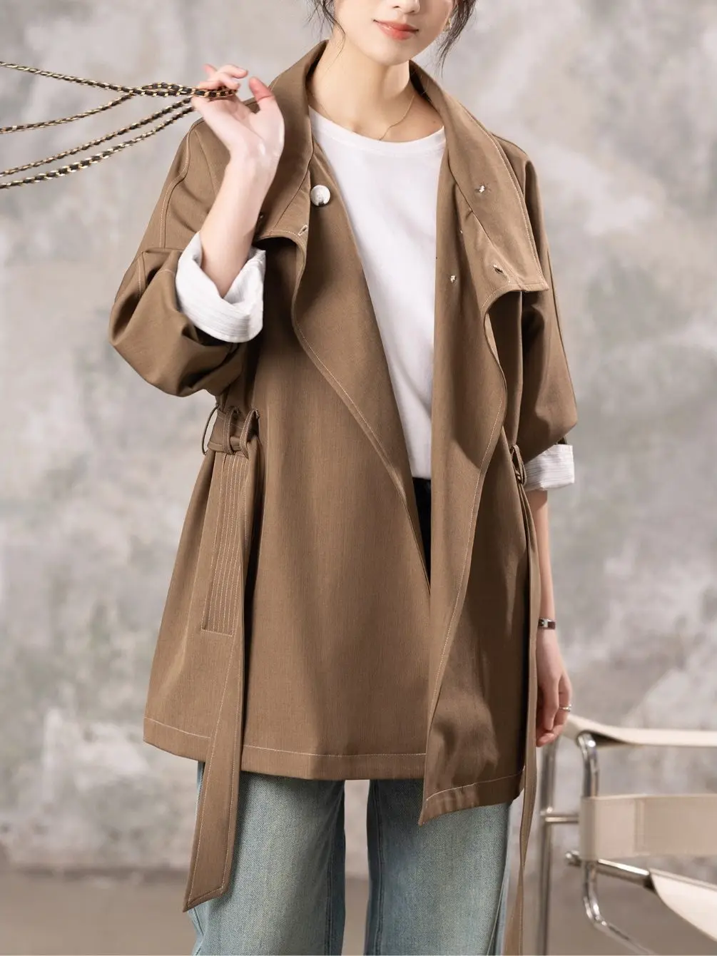 

SuperAen Fashion Stand-up Collar Jackets Coat for Women Spring and Autumn New Loose Casual Oversize Mid-length Coats