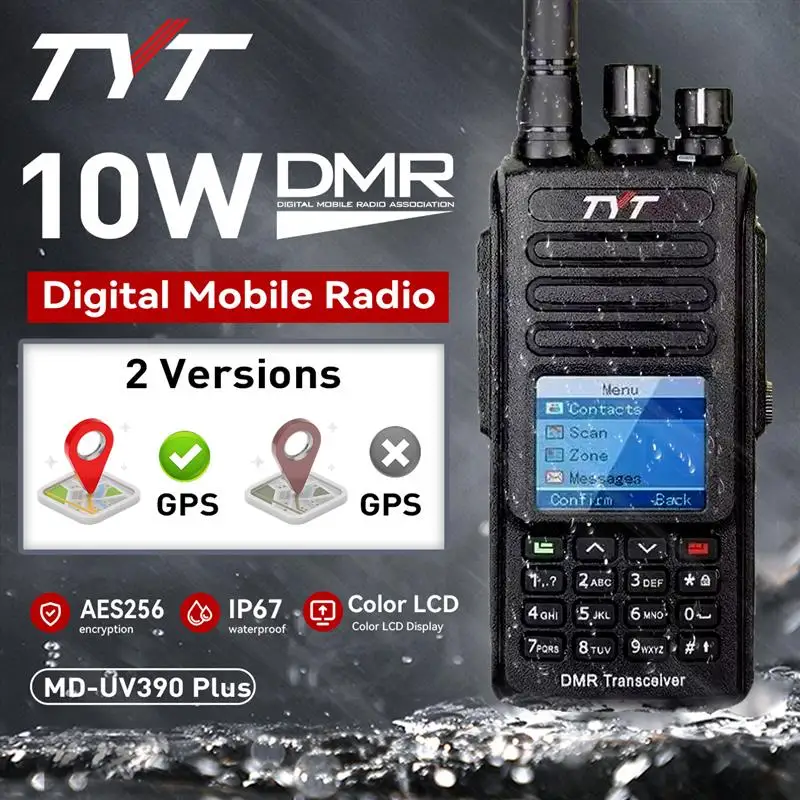 Top! MD-UV390 PLUS 10W Walkie Talkie Aes256 Radio UV390 PLUS GPS IP67 Battery Optionele Waterproof Dual Band Digitale Walkie