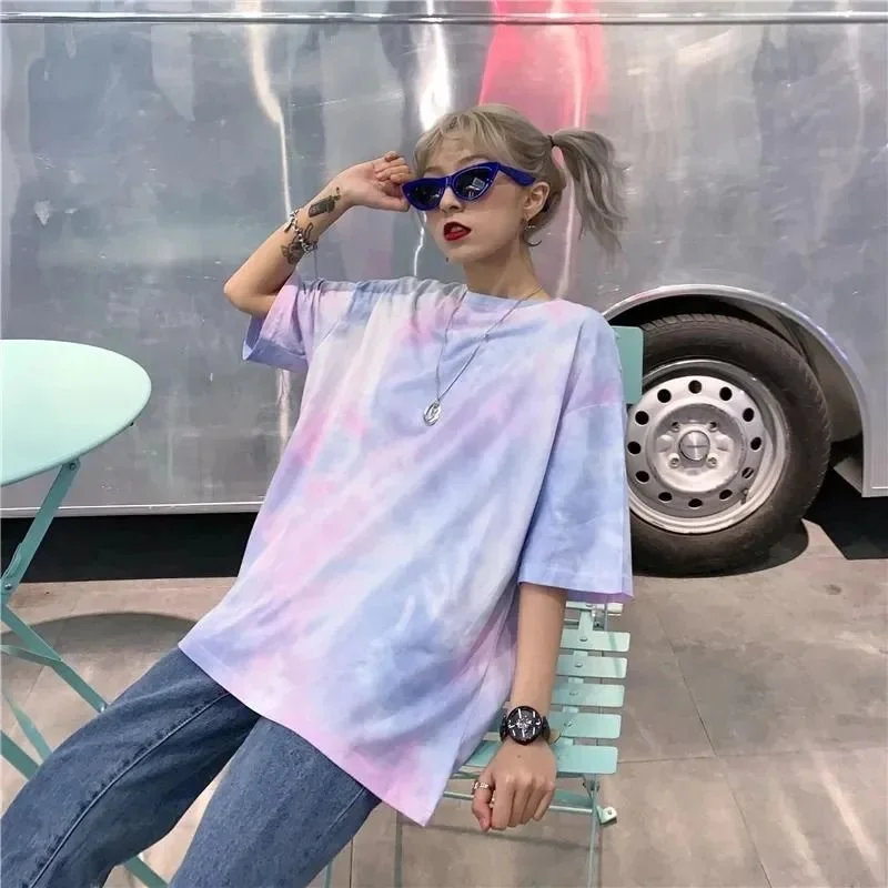 2024 Summer Korean HarajukuingT-shirt Harajuku Tie Dyeing Loose Casual Versatile Women's Short Sleeve T-shirt Trend