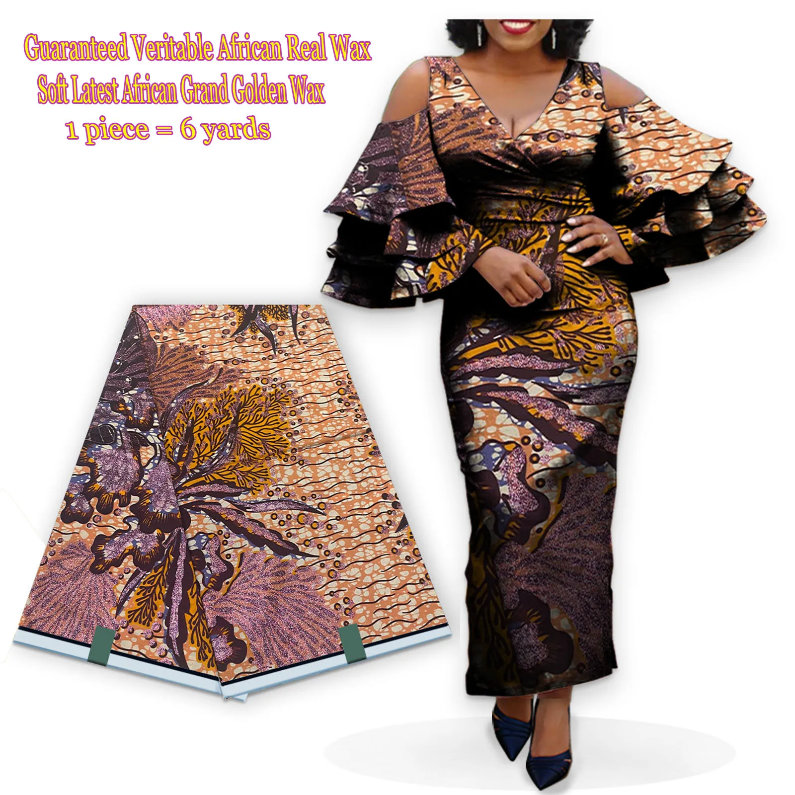 African Fashion Glitter Grand Golden Wax Fabric High Quality Nigeria Gold Printed Ankara Wax Materials 6Yards Women Pagne