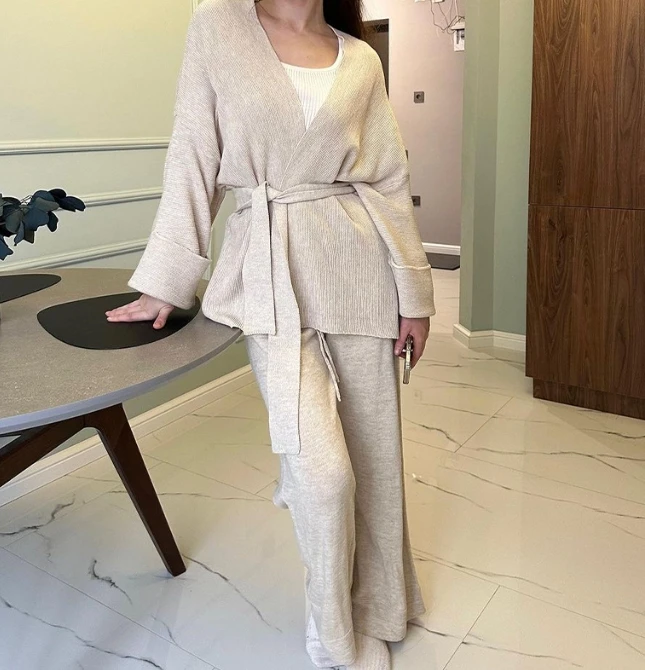 Solid Color French Loose Comfortable Home Nightgown Women Cross Tie Long Sleeved Pajamas Paired with Cotton Linen Casual Pants