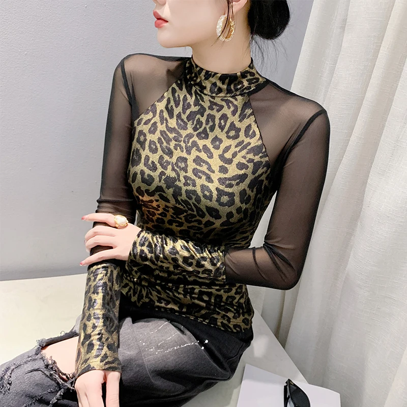 #7528 Gold Silver Leopard Mesh T Shirt Women Half Turtleneck Vintage Mesh Long Sleeve T Shirt Femme Split Joint Skinny Tee Shirt