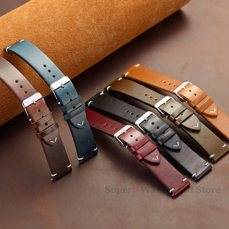 Vintage Oil Wax Leather Watch Band 18/19/20/21/22/24mm for Seiko Stitching Cowhide Strap for Omega Quick Release Calfskin Strap