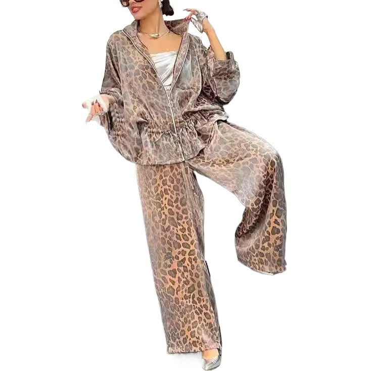 

Casual Leopard Print Suit Fashion Long Sleeved Zipper Drawstring Coat Top Straight Leg Trousers 2 Piece Set Autumn Winter New