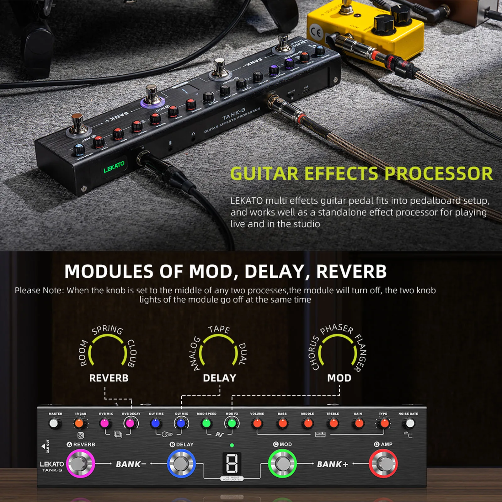 LEKATO Multi Effects Guitar Pedal with 36 Presets Editable 4 Modules Amp Chorus Delay Reverb IR CAB Tuner BT Music Recording