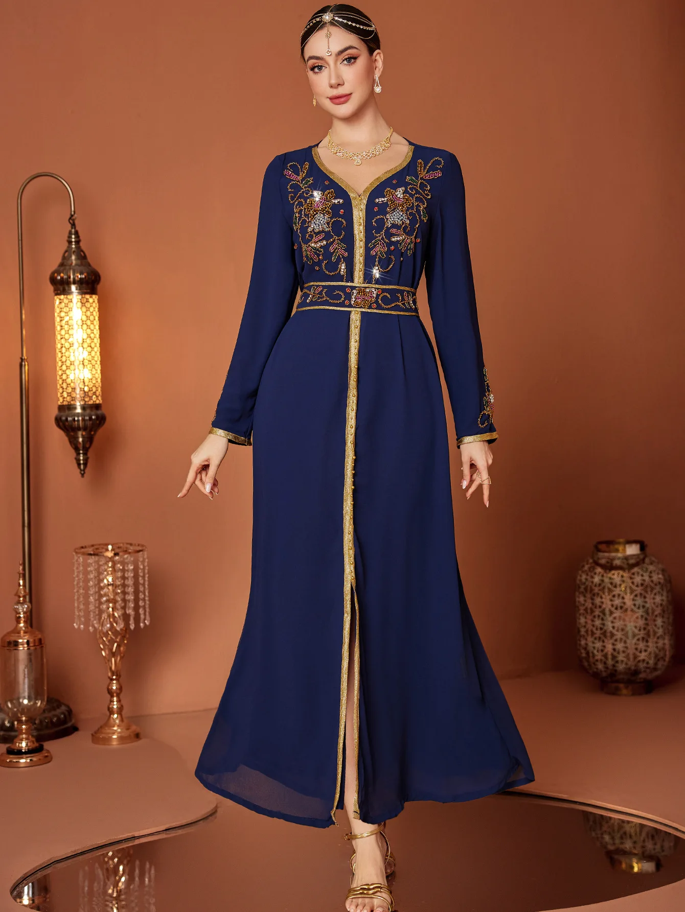 

Muslim Women Dress Abaya Beading Diamond Lace-up Eid Party Long Dresses Vestidos Largos Caftan Jalabiya Ramadan Arab Long Robe