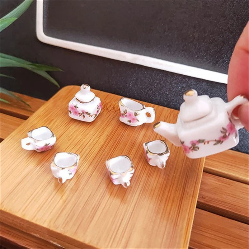 1Set Keramische 1:6 1:12 Poppenhuis Miniatuur Porseleinen Theekopje Servies Keuken Poppenhuis Theepot Diy Meubels Speelgoed Kid Cadeau