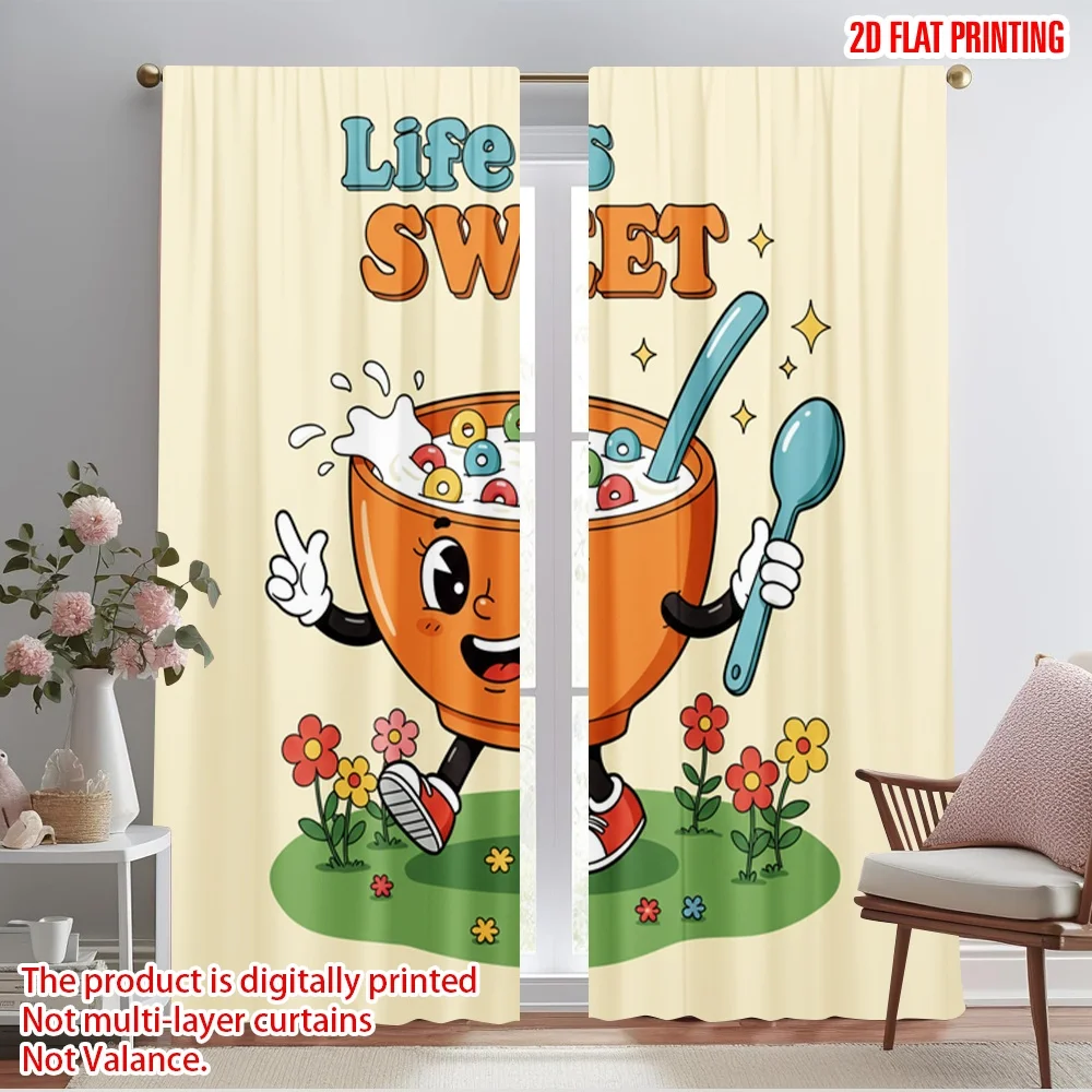 

2pcs 2D flat printing Window Curtains Retro Cereal Bowl Spoonful 100% Polyester Without Electricity Holiday Decorations Perfect