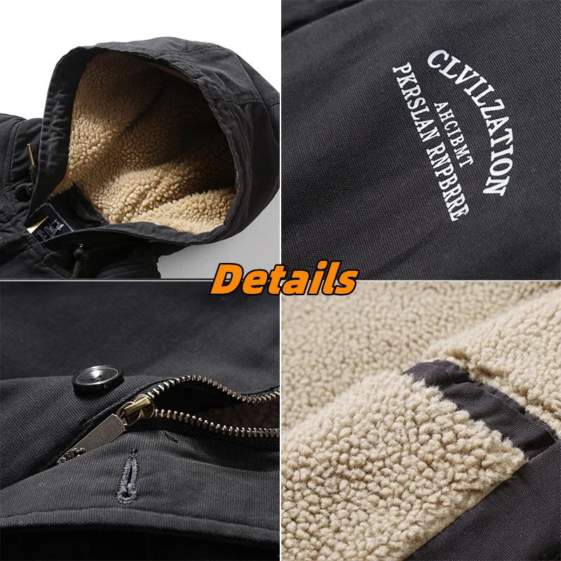 US Hot Sale Mens Fleece Cargo Jackets Man Warm Thick Winter Cashmere Hooded Parka Top Quality Solid Color Coats Military Outwear