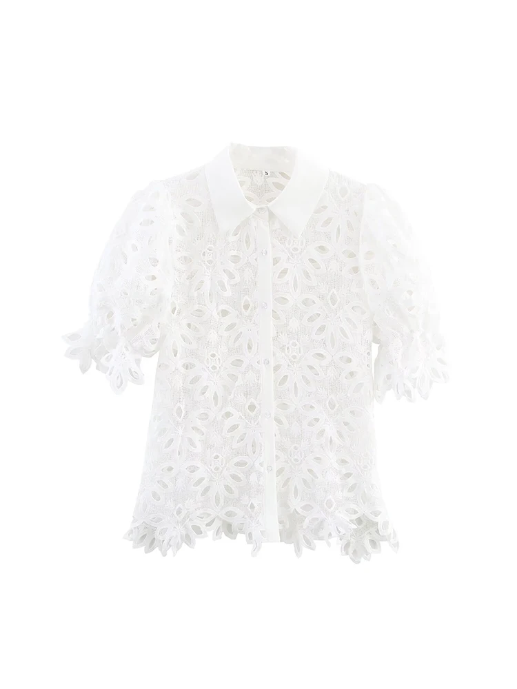 

New European and American style women's clothing, versatile water-soluble embroidery lapel hollow puff sleeve shirt