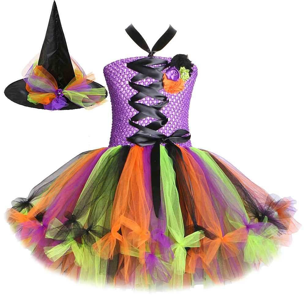 Colorful Halloween Witch Costumes for Girls Carnival Party Fancy Dresses with Magic Broom Kids New Year Outfit Sorceress Clothes