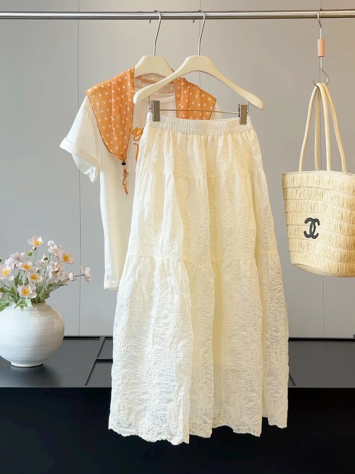 Harajuku Cream Beige Tiered Lace Maxi Skirt High-waisted A-line Flowy Skirt For Women French Cottagecore Garden Puff Outfits