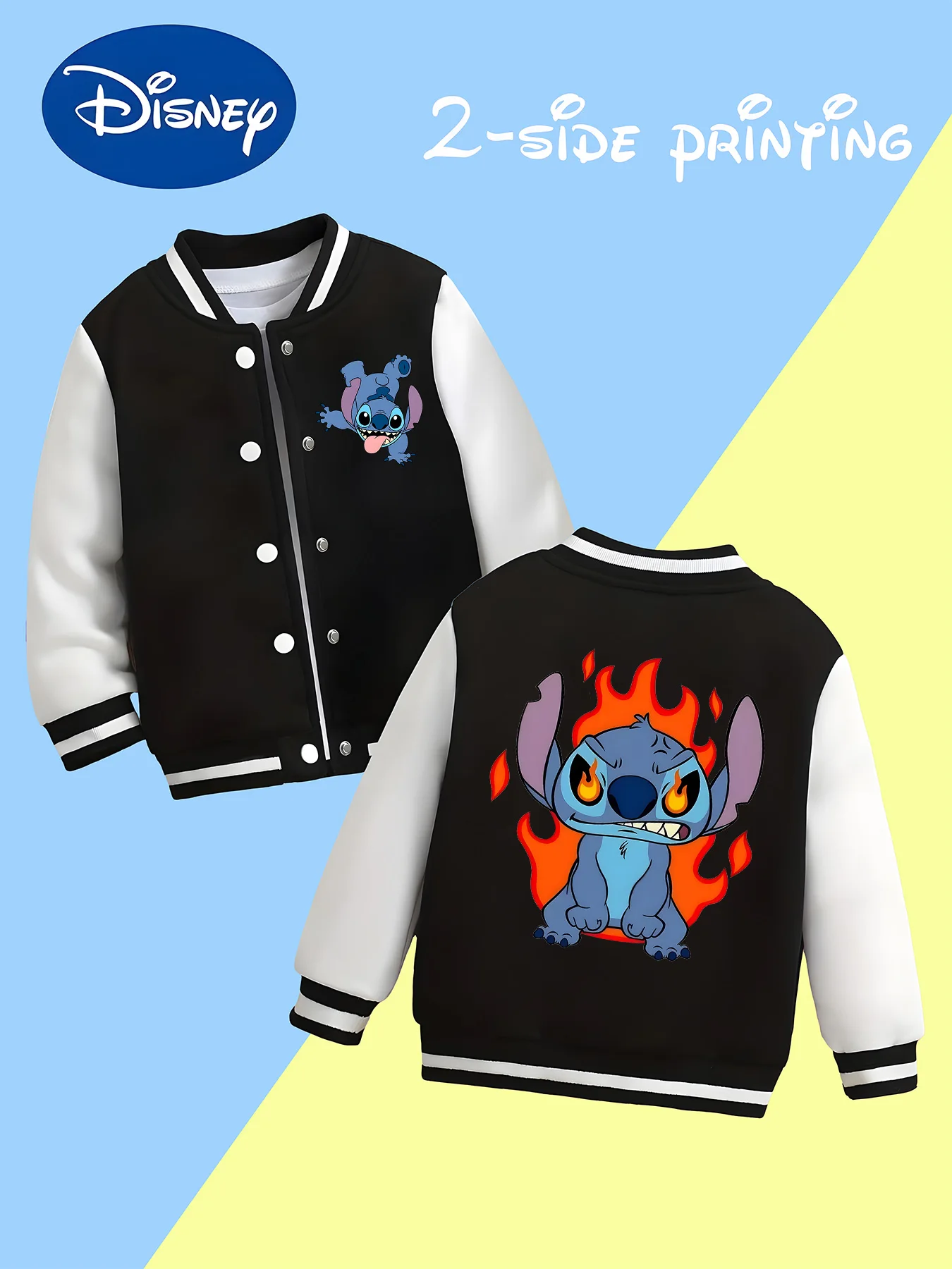 

MINISO Disney Stitch Flame Baseball Boys Jacket - Double-sided personalized print, flame elements, soft fabric, trendy