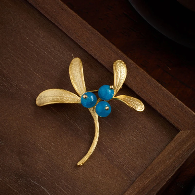 

S925 Sterling Silver Gold-plated Apatite Brooch Design Vintage Literary Chinese Corsages