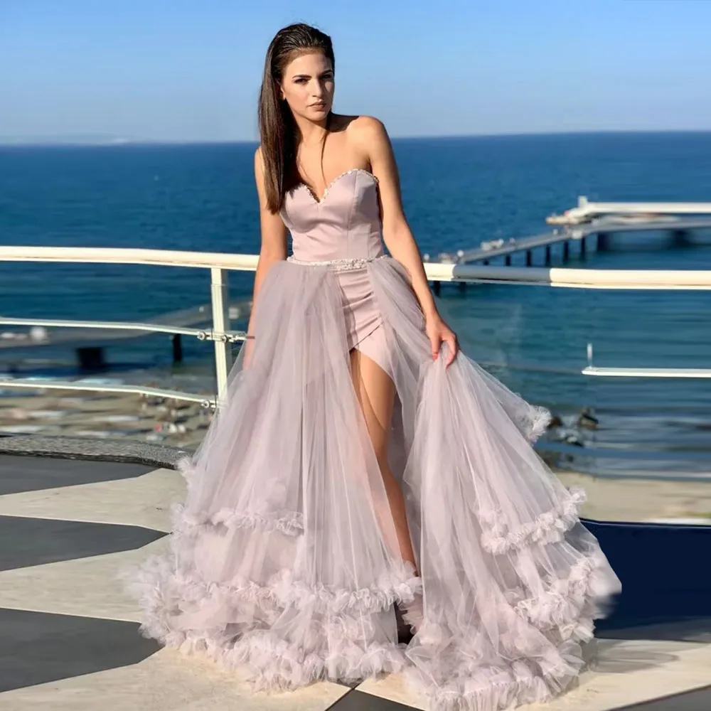 

High Low Sequins Sweetheart Woman Clothes Custom Made See Through Detachable Train Ruffled Ever Pretty Dirty Pink Lace up Gowns