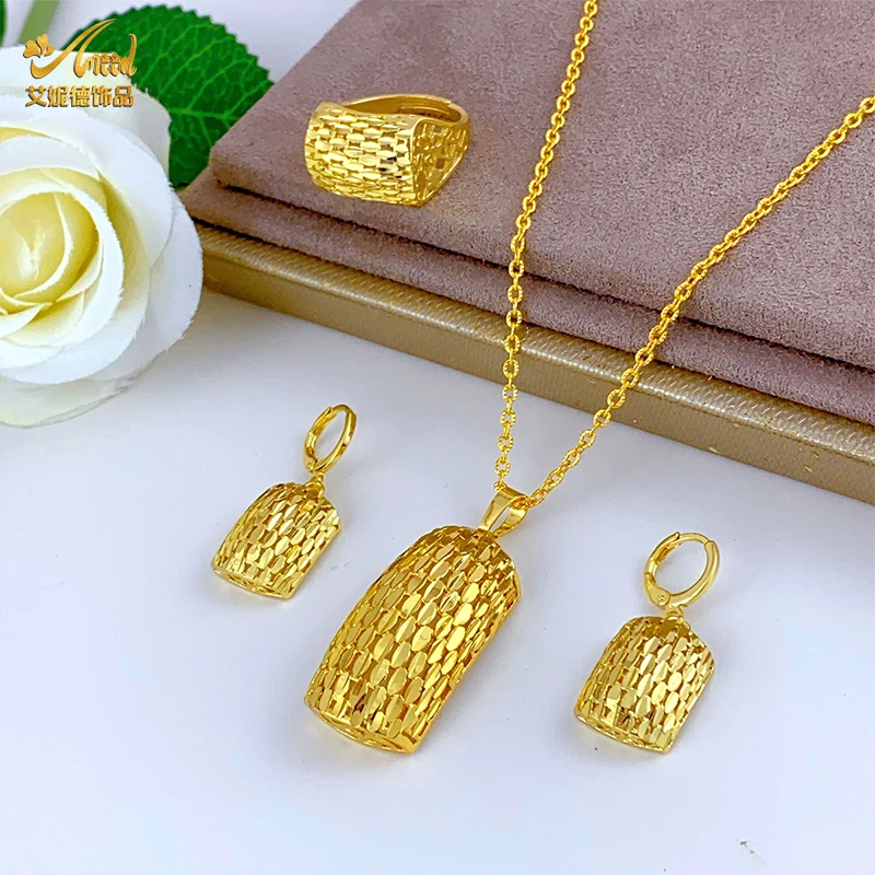 ANIID Ethiopian Luxury 24k Gold Color 3pcs Jewelry Set For Africa Women Indian Wedding Middle Eastern Charm Necklace Sets Gifts