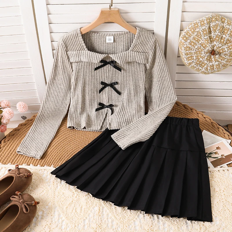 Girls 8‑12 Years Spring Fall Suit Ribbed Knit Long‑Sleeve Blouse Bow Ornament High‑Waist Pleated Skirt Girls Casual Outfit