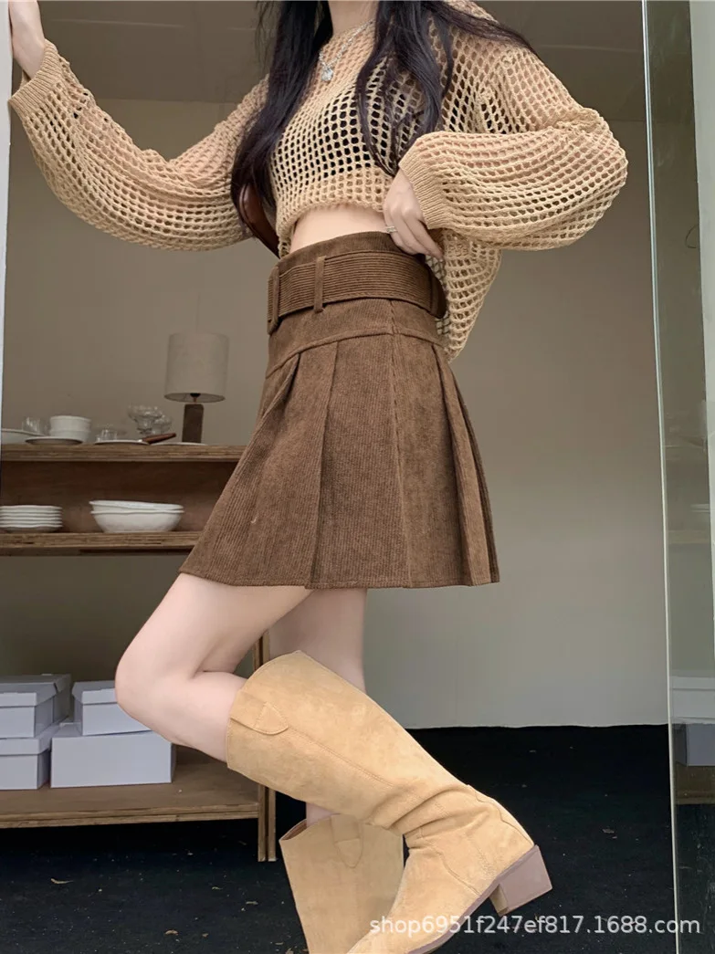 Plus-Size Skirt Premium Corduroy Pleated Waist Skirt Figure-Flattering A-Line Short Skirt Flared Soft Mini Casual Skirts