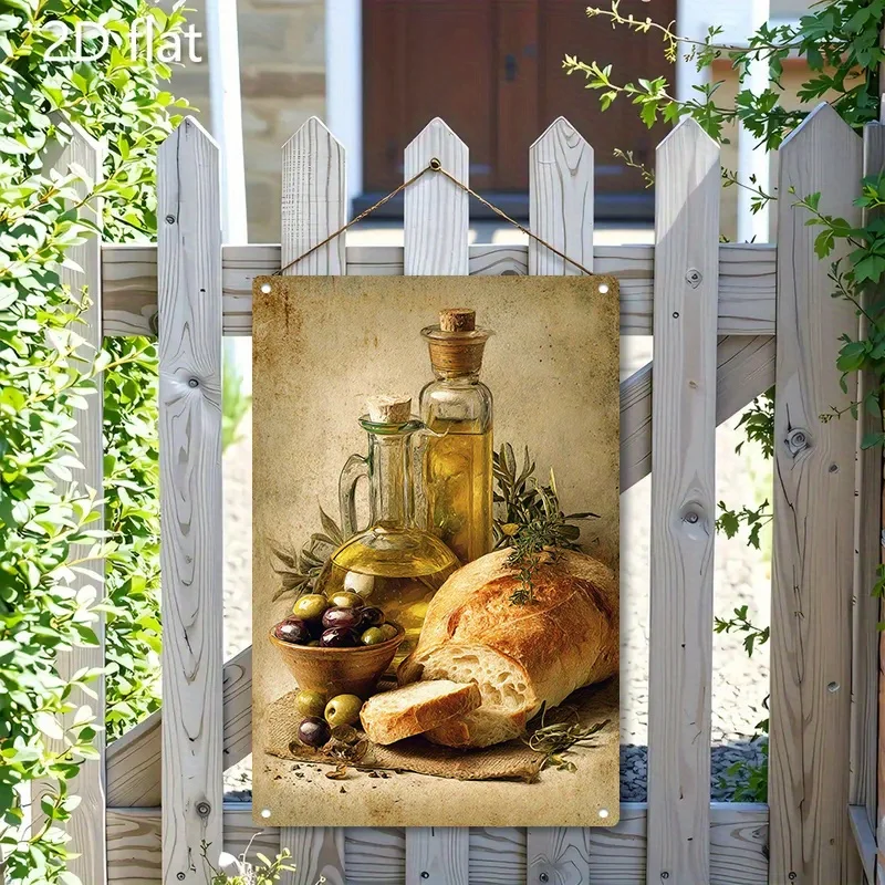 Letrero Metálico Retro Vintage de Pan y Aceite de Oliva, Placa Decorativa Rústica de Cocina con Diseño de Natureza Muerta, Decoración Colgante para Comedor Estilo Granja