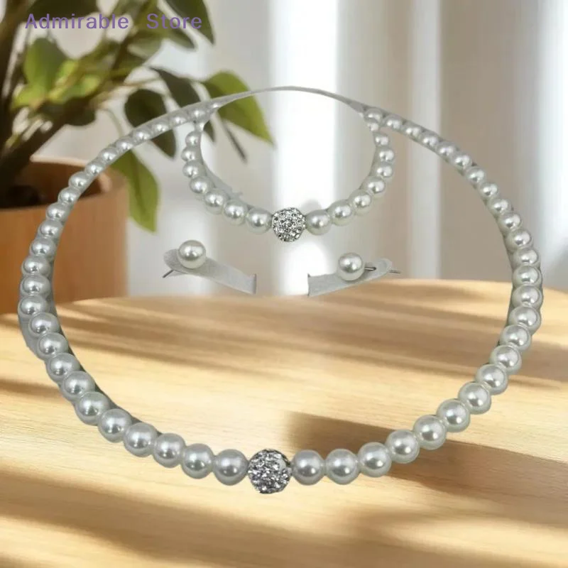 w3 PCS Set Imitation Pearl Fireball Necklace Bracelet Earring Stud Jewelry Set Silver Color Crystal Stone Elegant Bridal Jewelry