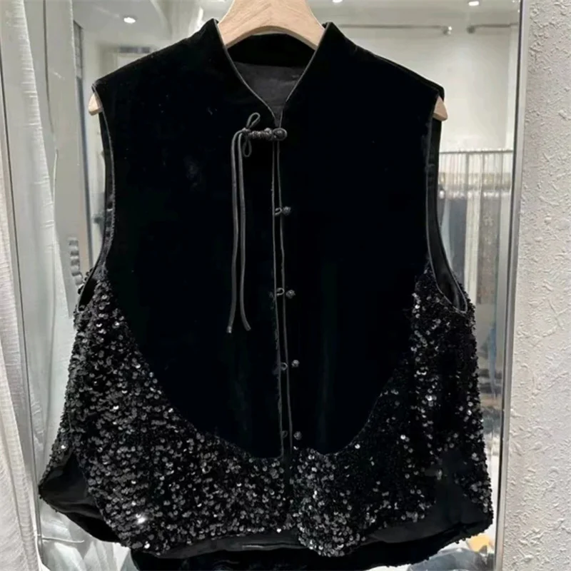 

Autumn 2025 NewKorean Fashion Black Gold Velvet Slim Female Vest Sleeveless Heavy Stitching Sequined Vest Waistcoat Women Jacket
