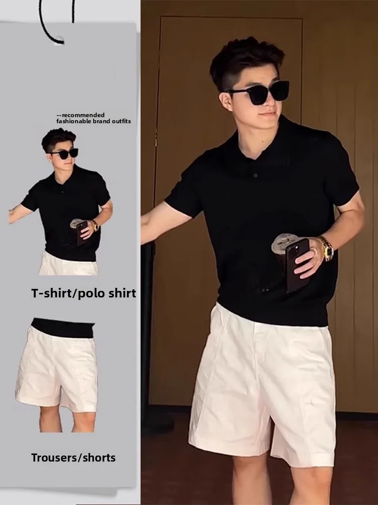 

American Sle Thin Knitted ort Sve irt And Linen orts Men's Faion Set Classy Vintage Look Summer Outfit