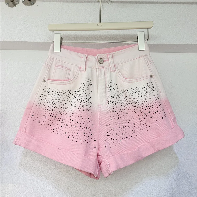 Street Style Hot Drilling Gradient Color Denim Shorts Women Clothing Summer New High Waist A- Line Curling Wide Leg Hot Pants