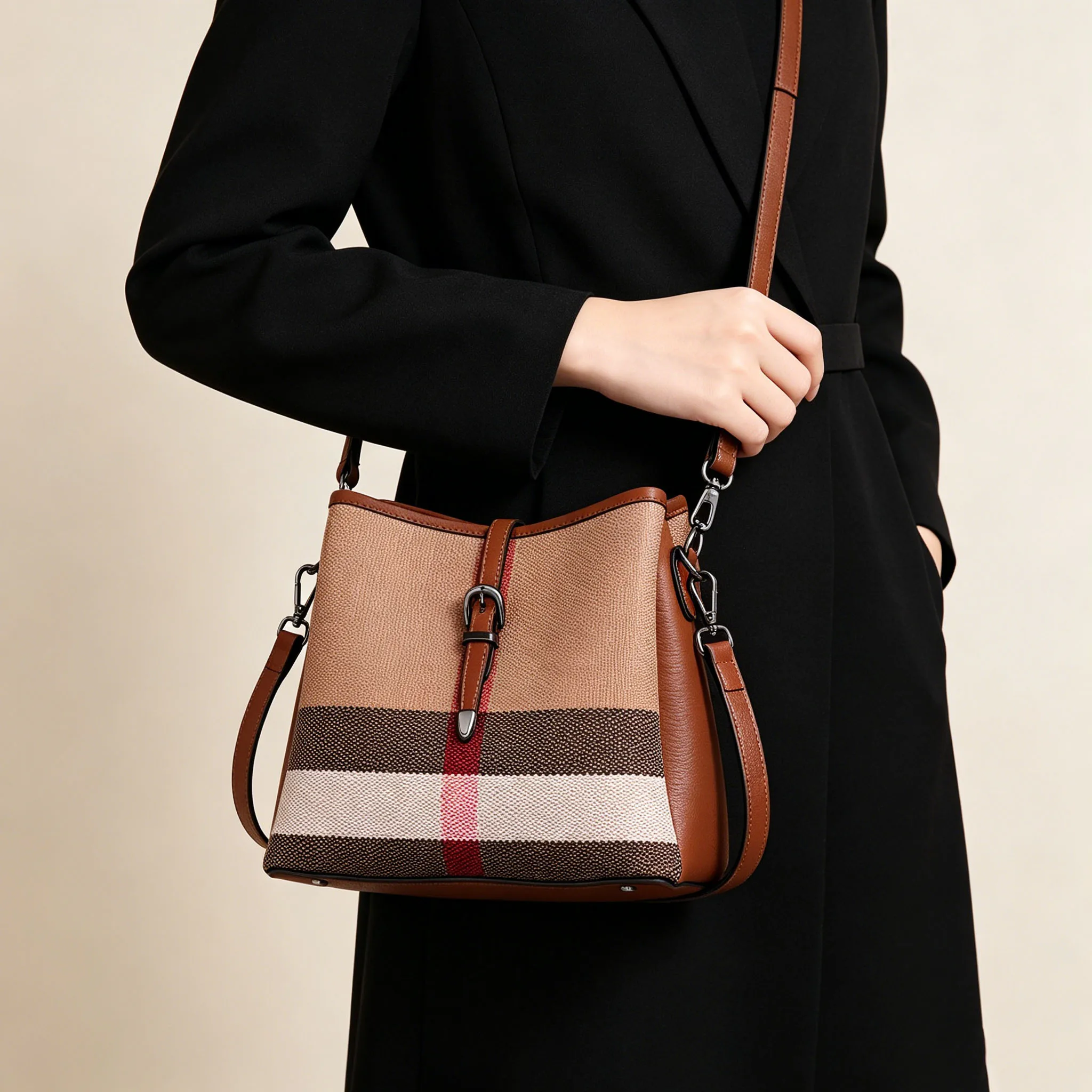 Vintage Plaid Canvas Cow Leather Bucket Bag Ladies Turn Buckle Crossbody Bag Adjustable Wide Strap Small Messenger Shoulder