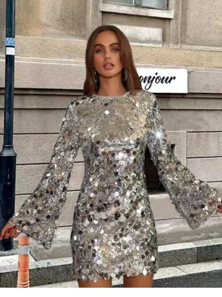 シルバービッグスパンコールドレス女性ファッション O ネックベル長袖 A ラインパーティードレストレンディなストリートウェアナイトクラブ Vestidos 女性