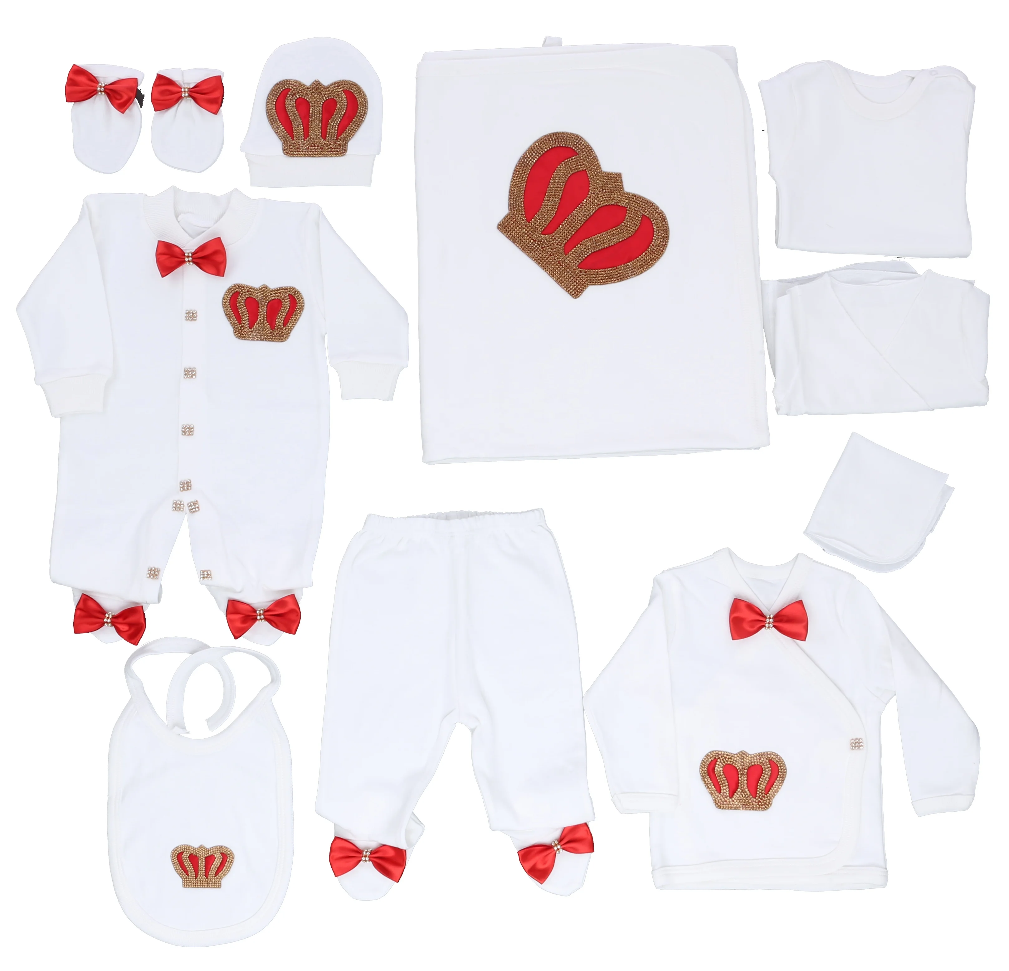 10 Pieces High Quality 100% Cotton Fabric Knitted Modern Newborn New Design Red Gold Baby Romper Set Long Sleeve Bubble