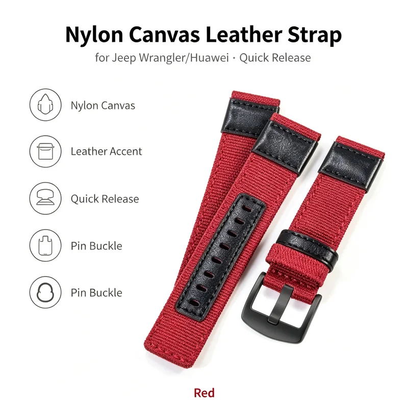 Red Nylon Canvas Leather Strap Quick Release for Jeep Wrangler Huawei Outdoor Sports Black Pin Buckle Men Replacement Watch Band