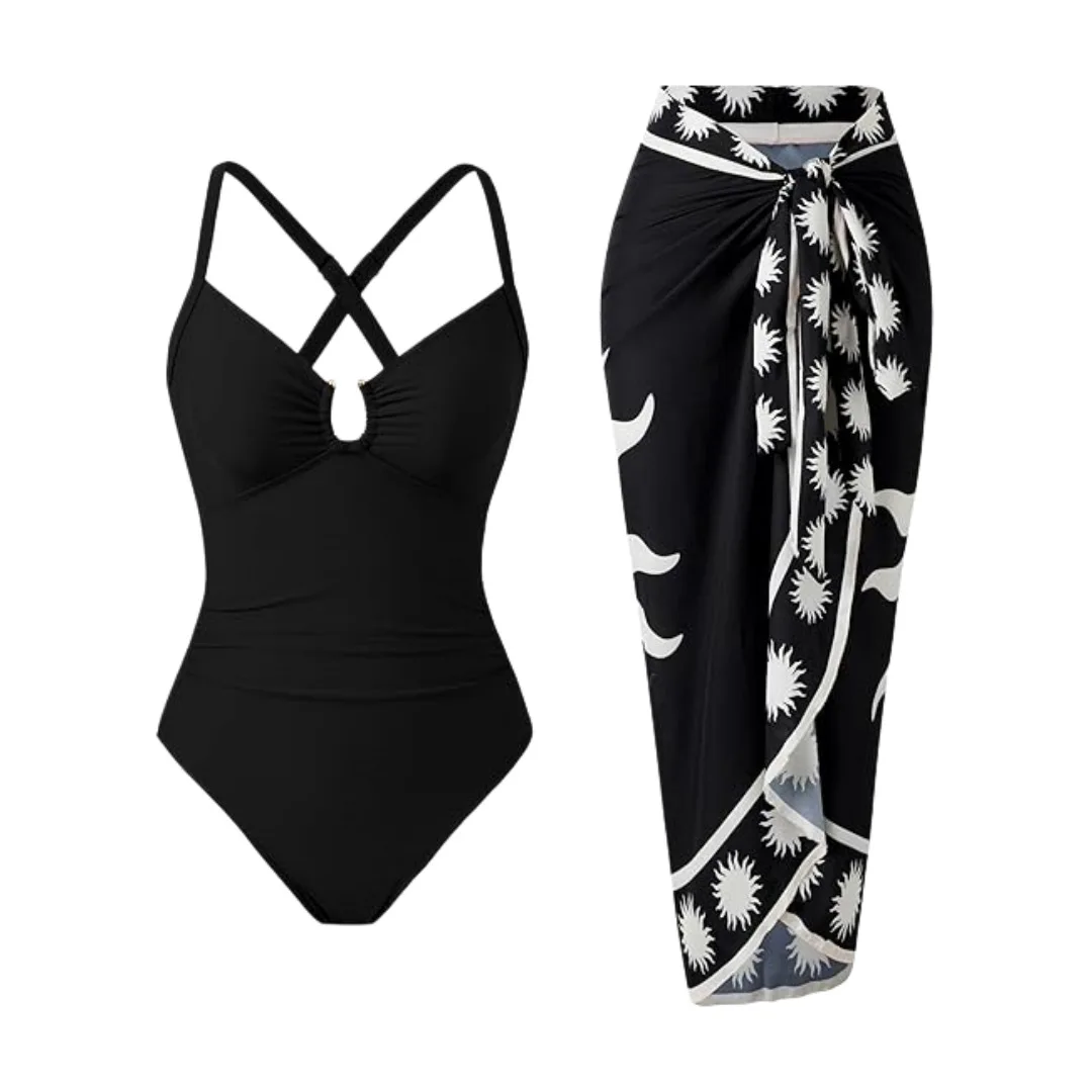 Conservative Print Bikini One-Piece Swimsuit with Skirt Two-Piece Set Beach Style New Arrival