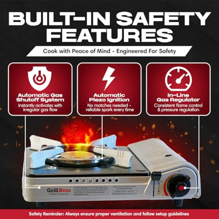 موقد Grill Boss المزدوج للوقود مع علب البيوتان 4 × 8 أونصة 12000 وحدة حرارية بريطانية موقد محمول للتخييم في الهواء الطلق وإعدادات الطوارئ