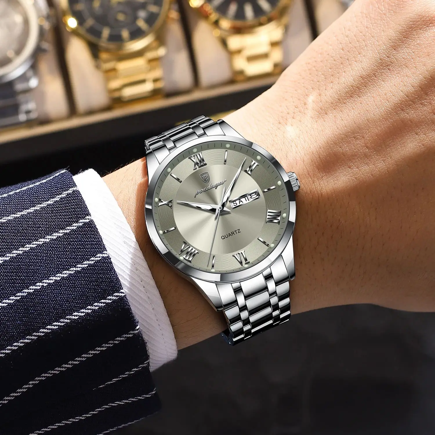 POEDAGAR Business Fashion Man Watch Waterproof Luminous Date Week Male Wristwatch Stainless Steel Quartz Men Watches Reloj +Box