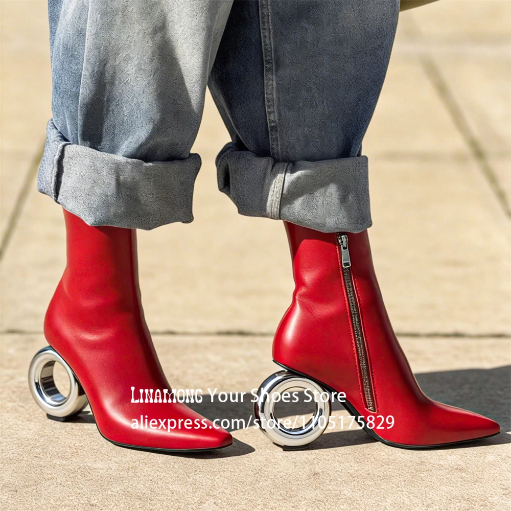 

Metal Circle Heel Booties Novelty Designer Style Pointed Ankle Boots Full Length Inner Zipper Fashion Women Boots Custom Colors