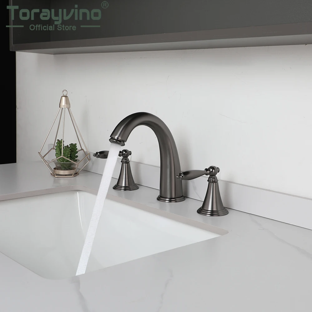 

Torayvino Gun Grey Bathroom Faucet 3 Pcs Deck Mounted Basin Sink Waterfall Spout Faucets Hot And Cold Water Tap Combo Kit