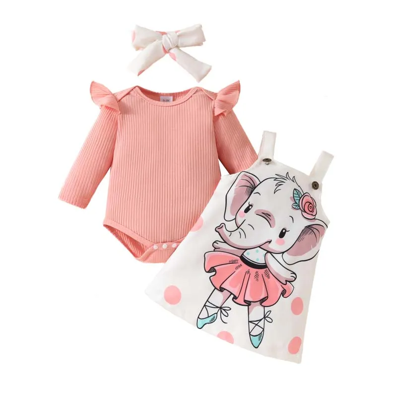 

Newborn Baby Girl Clothes 0-18 Months Baby Sets Long Sleeve Pit Stripe Solid Color Bodysuits Elephant Print Back Dress Hairband