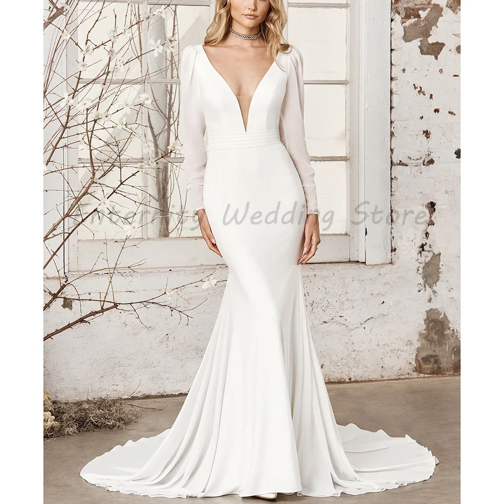Deep V Long Puff Sleeve Mermaid Wedding Dress Ruched Waist Stretch Crepe Fit And Flare Simple Bridal Gown With Train