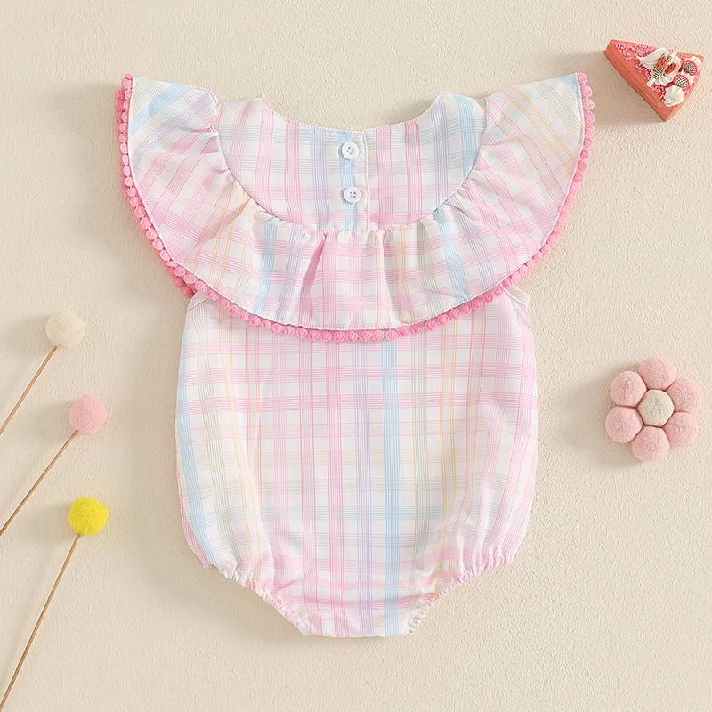 Adorable Toddler Girls Sleeveless Romper with Round Neckline and Colorful Rainbow Plaid Design for a Stylish Summer Look