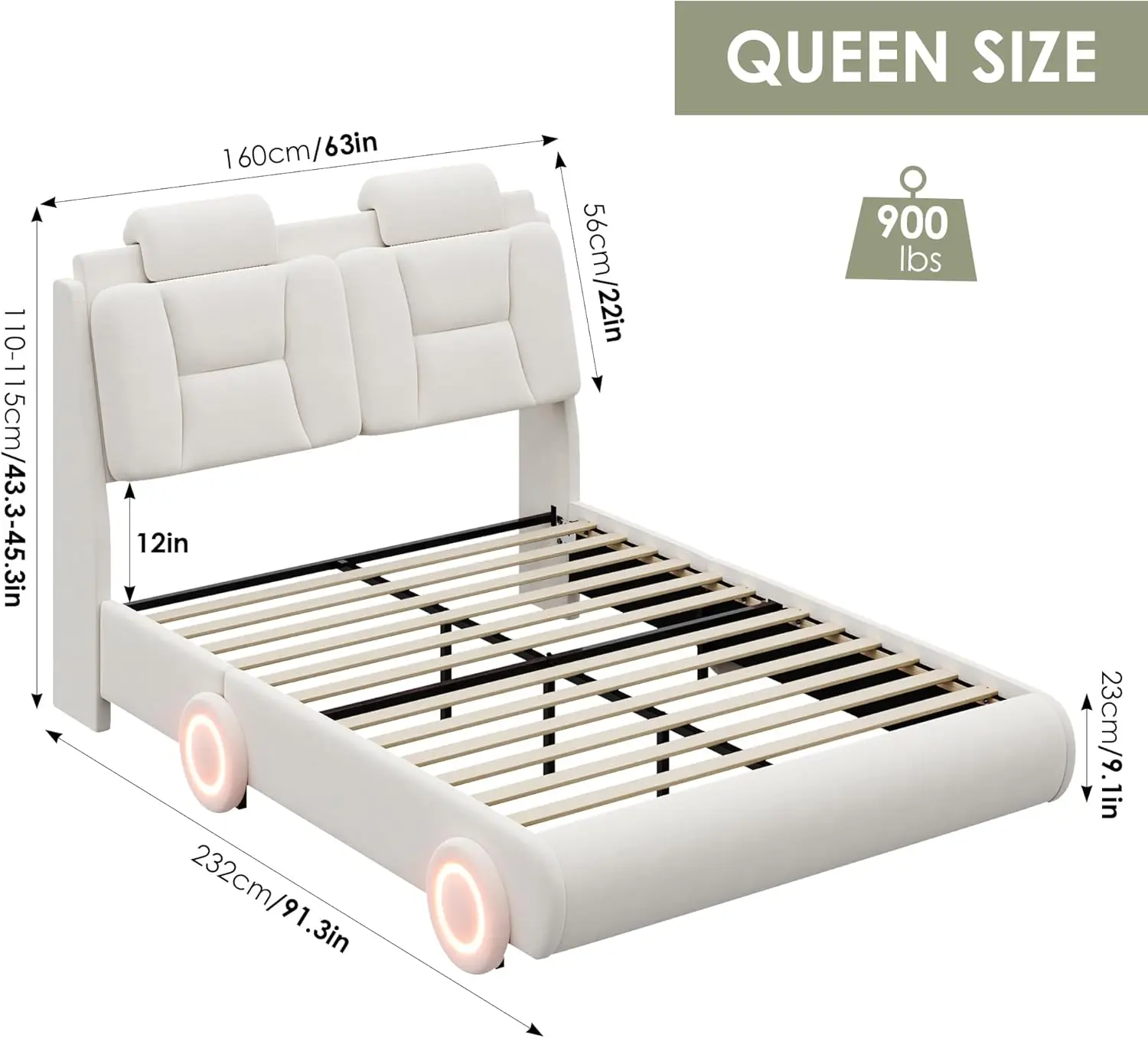 Queen Upholstered Led Bed Frame with Wheels Decor & Adjustable Curved Headboard Modern Car-Shaped Platform Bed with Detachable