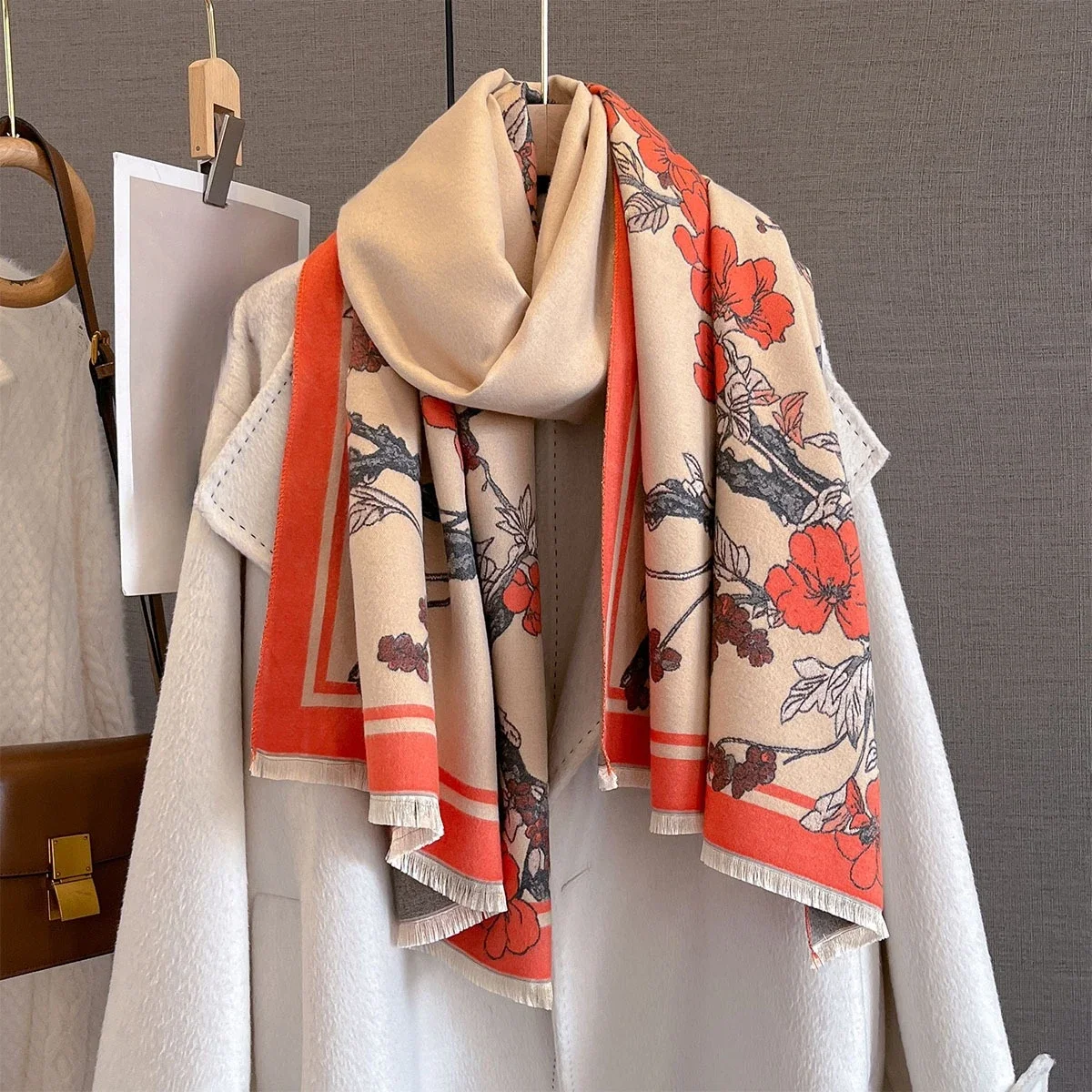 

Autumn/Winter Warm Scarf Imitation Cashmere Tassel Scarf For Women Floral Print Length Shawl Warps Coldproof Windproof Blanket