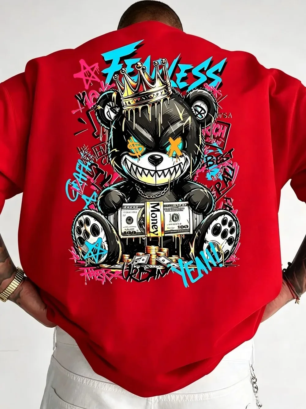 2026 New Men's  Horror Teddy Bear Wealth Letter Print Comfortable and Breathable Round Neck T-Shirt Outdoor Street Style Top