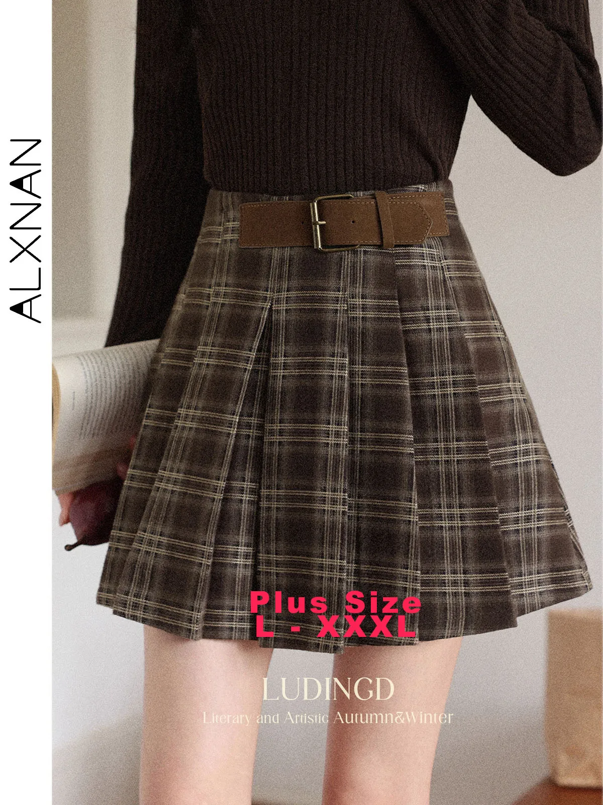 

ALXNAN Plus Size Plaid Skirt A-line Pleated Vintage Mini Women's Skirts 2025 Autumn Elegant Holiday Beach Female Clothing D12520