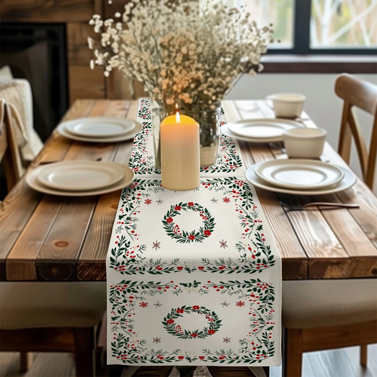 Christmas Wreath Table Runner Dresser Decor for Kitchen Holiday Party Table Runners Home Dining Room Kitchen Table Decoration